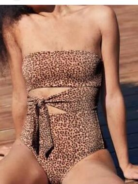 Aerie Ribbed Leopard Brown Print Wrap Bandeau One Piece Swimsuit Large